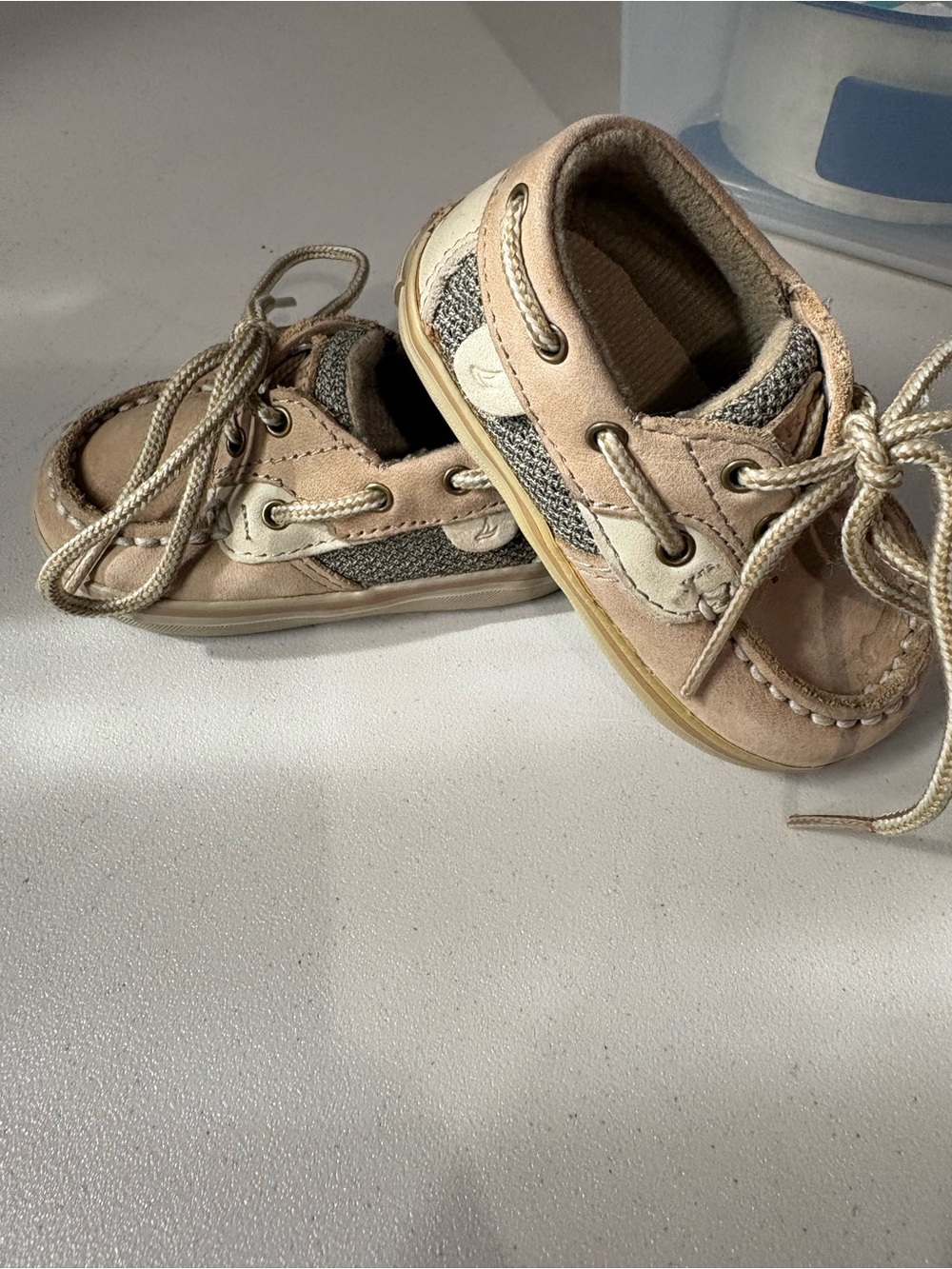 Sperry Beige and White Kids Boat Shoes with Laces